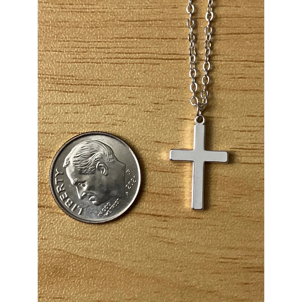 Silver Tone Cross Pendant Necklace Minimalist Religious Jewelry Adjustable Chain